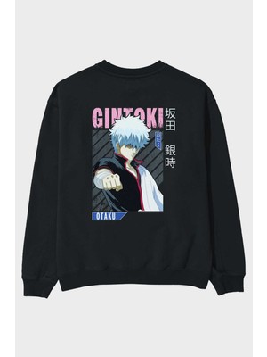 Ankhises Gintoki Sakata Gıntama 2 Anime Arka Baskılı Siyah Oversize Sweatshirt Erkek Kadın Bisiklet Yaka