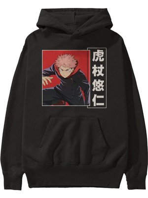 Ankhises Yuuji Itadori 2 Anime Ön Baskılı Siyah Hoodie Oversize Kapüşonlu Sweatshirt Erkek Kadın