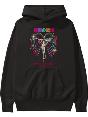 Ankhises Uta Anime Ön Baskılı Siyah Hoodie Oversize Kapüşonlu Sweatshirt Erkek Kadın