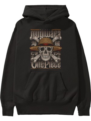 Ankhises One Pıece (2) Anime Ön Baskılı Siyah Hoodie Oversize Kapüşonlu Sweatshirt Erkek Kadın