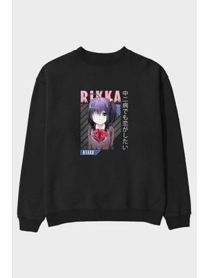 Ankhises Rikka Takanashi 9 Anime Ön Baskılı Siyah Oversize Sweatshirt Erkek Kadın Bisiklet Yaka