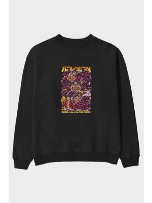 Ankhises Monkey D. Luffy (2) Anime Ön Baskılı Siyah Oversize Sweatshirt Erkek Kadın Bisiklet Yaka