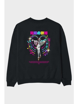Ankhises Uta Anime Arka Baskılı Siyah Oversize Sweatshirt Erkek Kadın Bisiklet Yaka