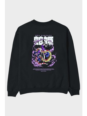 Ankhises Boa Hancock Anime Arka Baskılı Siyah Oversize Sweatshirt Erkek Kadın Bisiklet Yaka
