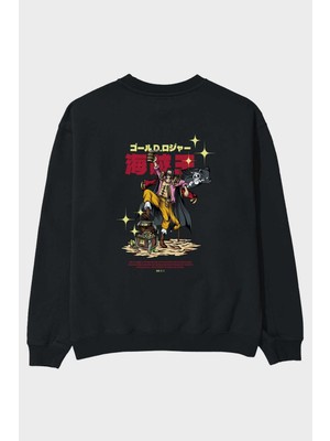 Ankhises Roger Anime Arka Baskılı Siyah Oversize Sweatshirt Erkek Kadın Bisiklet Yaka