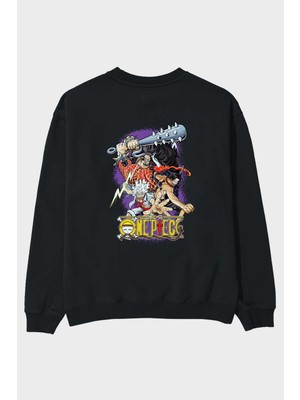 Ankhises One Pıece (6) Anime Arka Baskılı Siyah Oversize Sweatshirt Erkek Kadın Bisiklet Yaka