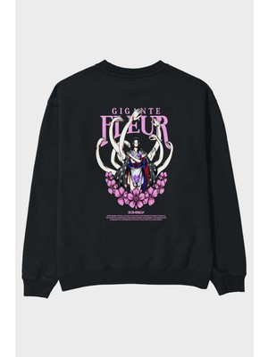Ankhises Gigante Fleur Anime Arka Baskılı Siyah Oversize Sweatshirt Erkek Kadın Bisiklet Yaka