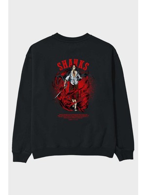 Ankhises Shanks Anime Arka Baskılı Siyah Oversize Sweatshirt Erkek Kadın Bisiklet Yaka