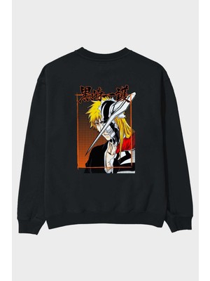 Ankhises Thelust Anime Arka Baskılı Siyah Oversize Sweatshirt Erkek Kadın Bisiklet Yaka