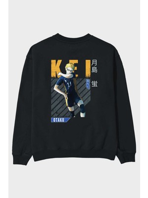 Ankhises Kei Tsukishima 2 Anime Arka Baskılı Siyah Oversize Sweatshirt Erkek Kadın Bisiklet Yaka