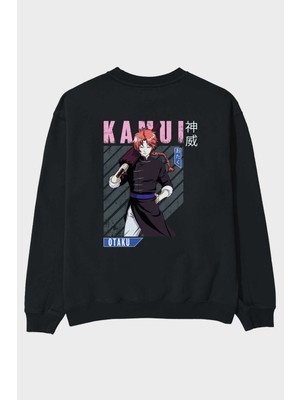Ankhises Kamui Gıntama 1 Anime Arka Baskılı Siyah Oversize Sweatshirt Erkek Kadın Bisiklet Yaka