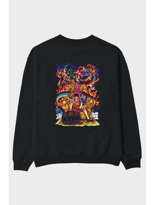 Ankhises Monkey D. Luffy 1 Anime Arka Baskılı Siyah Oversize Sweatshirt Erkek Kadın Bisiklet Yaka