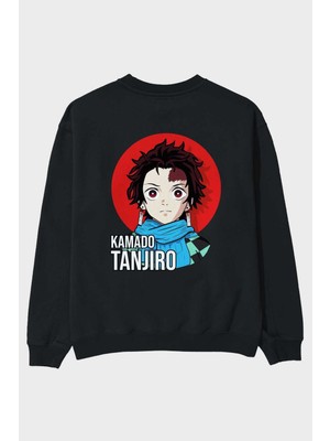 Ankhises Tanjıro Kamado Anime Arka Baskılı Siyah Oversize Sweatshirt Erkek Kadın Bisiklet Yaka