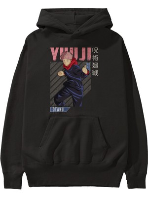Ankhises Yuuji Itadori Anime Ön Baskılı Siyah Hoodie Oversize Kapüşonlu Sweatshirt Erkek Kadın