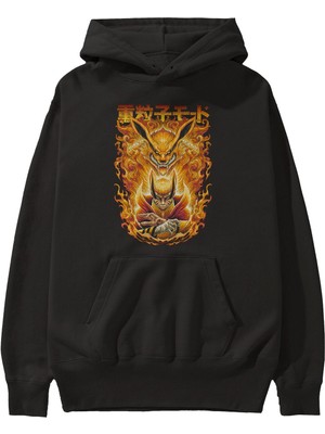 Ankhises Naruto Kyuubı 1 Anime Ön Baskılı Siyah Hoodie Oversize Kapüşonlu Sweatshirt Erkek Kadın