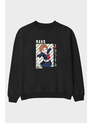 Ankhises Mako Mankanshoku 1 Anime Ön Baskılı Siyah Oversize Sweatshirt Erkek Kadın Bisiklet Yaka