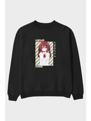 Ankhises Nene Ebina 1 Anime Ön Baskılı Siyah Oversize Sweatshirt Erkek Kadın Bisiklet Yaka