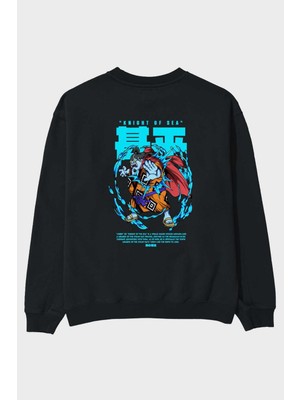 Ankhises Jinbei Anime Arka Baskılı Siyah Oversize Sweatshirt Erkek Kadın Bisiklet Yaka