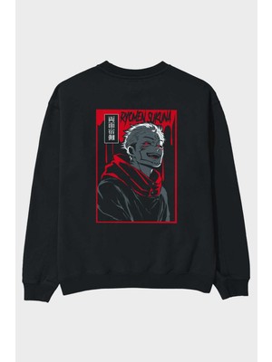 Ankhises Sukuna Anime Arka Baskılı Siyah Oversize Sweatshirt Erkek Kadın Bisiklet Yaka