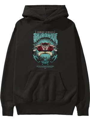 Ankhises Shirohige Anime Ön Baskılı Siyah Hoodie Oversize Kapüşonlu Sweatshirt Erkek Kadın