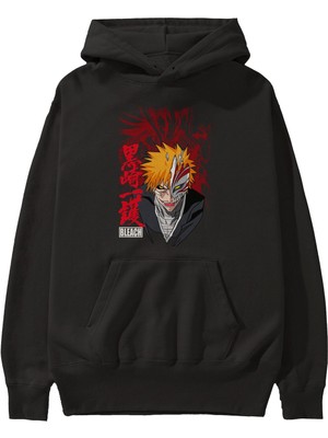 Ankhises Ichıgo Kurosakı Vızard Anime Ön Baskılı Siyah Hoodie Oversize Kapüşonlu Sweatshirt Erkek Kadın