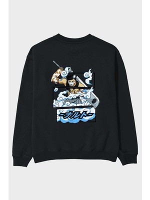 Ankhises Zabuza Momochi Anime Arka Baskılı Siyah Oversize Sweatshirt Erkek Kadın Bisiklet Yaka
