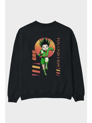 Ankhises Gon Freecss Hunter x Hunter 2 Anime Arka Baskılı Siyah Oversize Sweatshirt Erkek Kadın Bisiklet Yaka