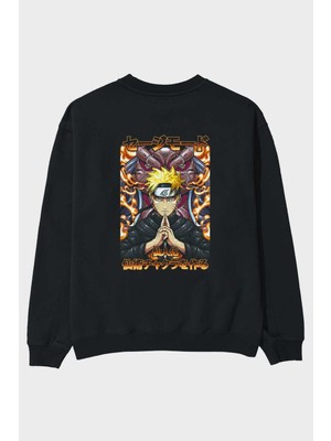 Ankhises Naruto (10) Anime Arka Baskılı Siyah Oversize Sweatshirt Erkek Kadın Bisiklet Yaka
