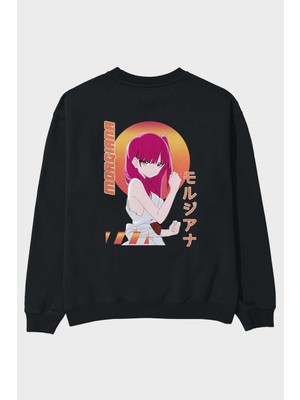 Ankhises Morgiana 5 Anime Arka Baskılı Siyah Oversize Sweatshirt Erkek Kadın Bisiklet Yaka