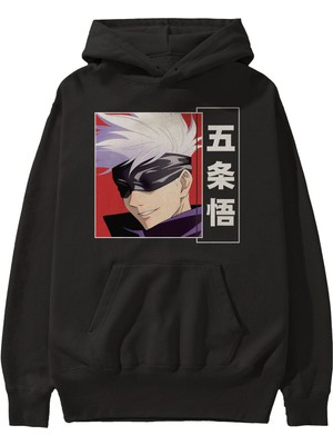 Ankhises Satoru Gojo Anime Ön Baskılı Siyah Hoodie Oversize Kapüşonlu Sweatshirt Erkek Kadın