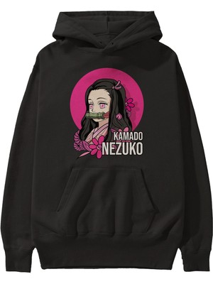 Ankhises Nezuko Kamado 2 Anime Ön Baskılı Siyah Hoodie Oversize Kapüşonlu Sweatshirt Erkek Kadın