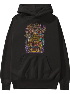 Ankhises One Pıece (8) Anime Ön Baskılı Siyah Hoodie Oversize Kapüşonlu Sweatshirt Erkek Kadın