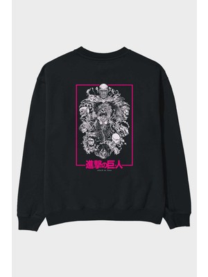 Ankhises Attack On Tıtans Anime Arka Baskılı Siyah Oversize Sweatshirt Erkek Kadın Bisiklet Yaka