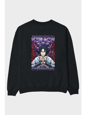 Ankhises Naruto Sasuke Uchıha Anime Arka Baskılı Siyah Oversize Sweatshirt Erkek Kadın Bisiklet Yaka
