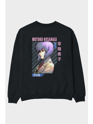 Ankhises Motoko Kusanagi 4 Anime Arka Baskılı Siyah Oversize Sweatshirt Erkek Kadın Bisiklet Yaka
