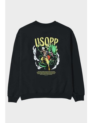 Ankhises Usopp Anime Arka Baskılı Siyah Oversize Sweatshirt Erkek Kadın Bisiklet Yaka
