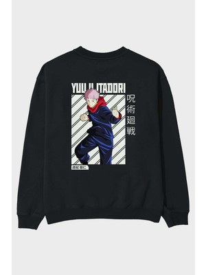 Ankhises Yuuji Itadori 1 Anime Arka Baskılı Siyah Oversize Sweatshirt Erkek Kadın Bisiklet Yaka