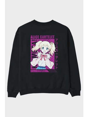 Ankhises Alice Cartelet 12 Anime Arka Baskılı Siyah Oversize Sweatshirt Erkek Kadın Bisiklet Yaka