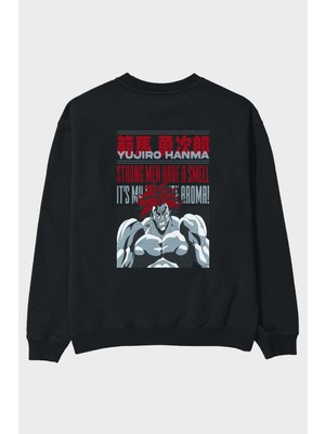 Ankhises Yujıro Hanma Anime Arka Baskılı Siyah Oversize Sweatshirt Erkek Kadın Bisiklet Yaka