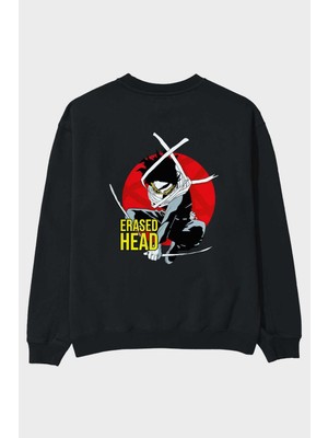 Ankhises Erased Head Anime Arka Baskılı Siyah Oversize Sweatshirt Erkek Kadın Bisiklet Yaka