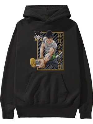 Ankhises Roronoa Zoro Anime Ön Baskılı Siyah Hoodie Oversize Kapüşonlu Sweatshirt Erkek Kadın
