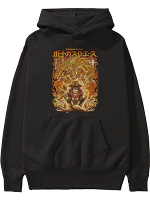 Ankhises Portgas D. Ace Anime Ön Baskılı Siyah Hoodie Oversize Kapüşonlu Sweatshirt Erkek Kadın