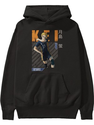 Ankhises Kei Tsukishima 2 Anime Ön Baskılı Siyah Hoodie Oversize Kapüşonlu Sweatshirt Erkek Kadın