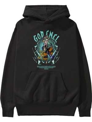 Ankhises Eneru Anime Ön Baskılı Siyah Hoodie Oversize Kapüşonlu Sweatshirt Erkek Kadın