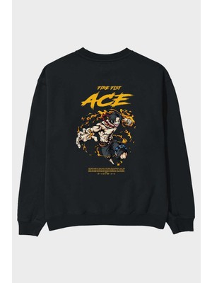 Ankhises Fire Fist Ace Anime Arka Baskılı Siyah Oversize Sweatshirt Erkek Kadın Bisiklet Yaka