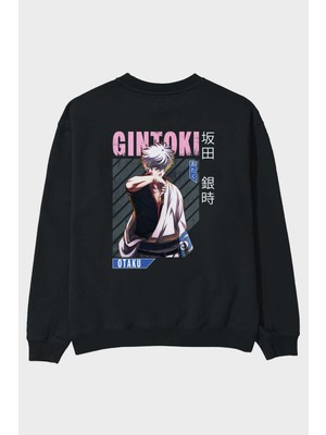 Ankhises Gintoki Sakata Anime Arka Baskılı Siyah Oversize Sweatshirt Erkek Kadın Bisiklet Yaka