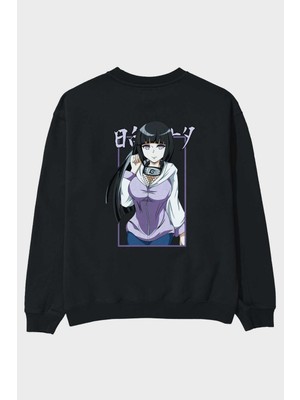 Ankhises Hinata Naruto Anime Arka Baskılı Siyah Oversize Sweatshirt Erkek Kadın Bisiklet Yaka