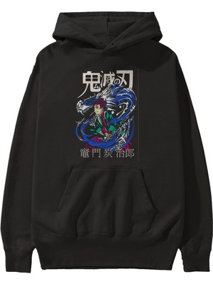 Ankhises Tanjıro Kamado 2 Anime Ön Baskılı Siyah Hoodie Oversize Kapüşonlu Sweatshirt Erkek Kadın