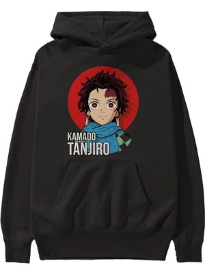 Ankhises Tanjıro Kamado Anime Ön Baskılı Siyah Hoodie Oversize Kapüşonlu Sweatshirt Erkek Kadın