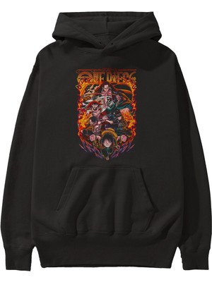Ankhises One Pıece (3) Anime Ön Baskılı Siyah Hoodie Oversize Kapüşonlu Sweatshirt Erkek Kadın